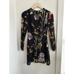 SUNDAY BEST Owl Floral Print Long Sleeve Mini Dress Size 00